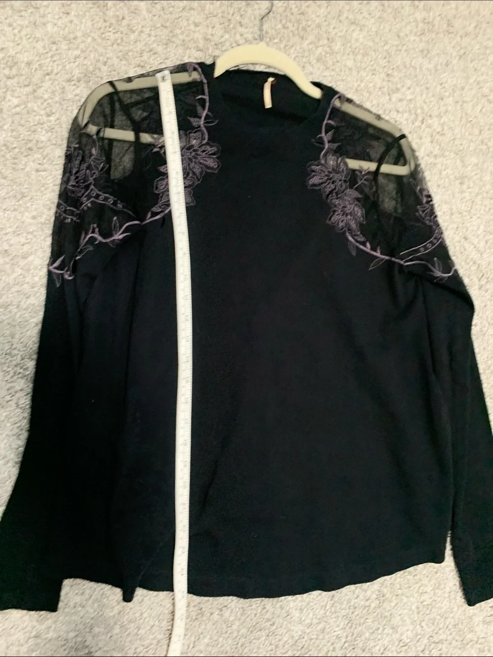 Free People Black Boho Long-Sleeve Top with Floral Embroidered Mesh Yoke